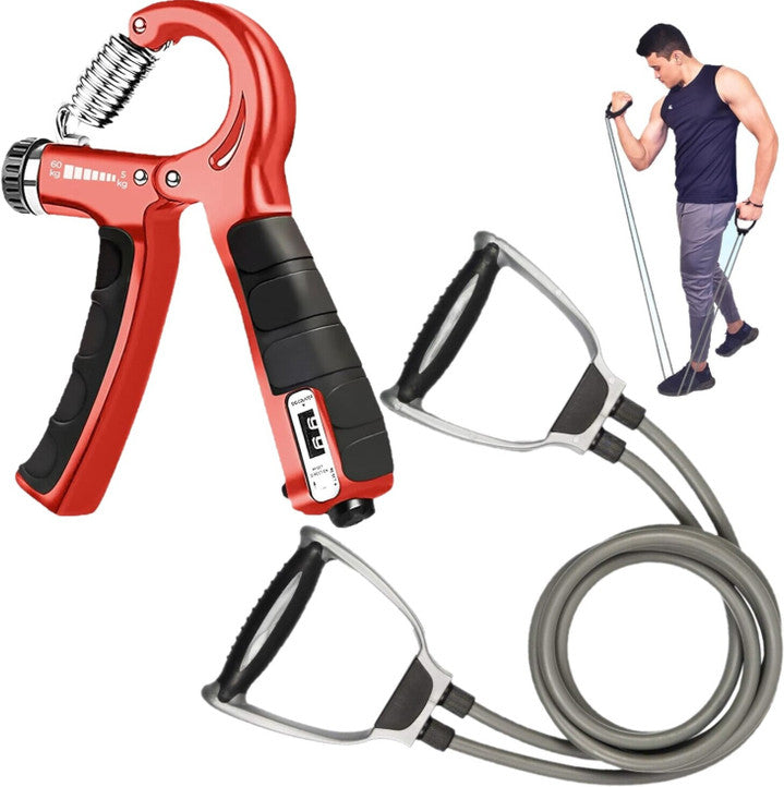 Adjustable Counter Hand Gripper (5–60 kg) & Resistance Toning Tube Combo | Grip Strength & Full Body Workout Set