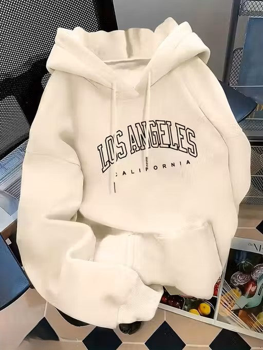 Trendy and stylish white hoodie with bold Los Angeles California print