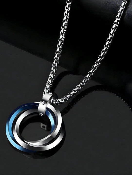 Three-Ring Pendant Stainless Steel Necklace with Box Chain | Cubic Zirconia Pendant Set