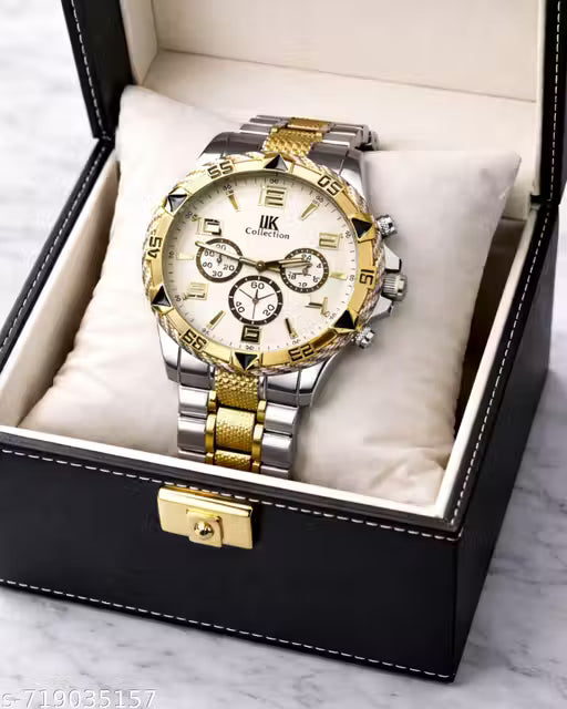 Men’s Analog Chronograph Watch | Gold & Silver Stainless Steel Strap | White Dial | Luxury Designer Watch for Men